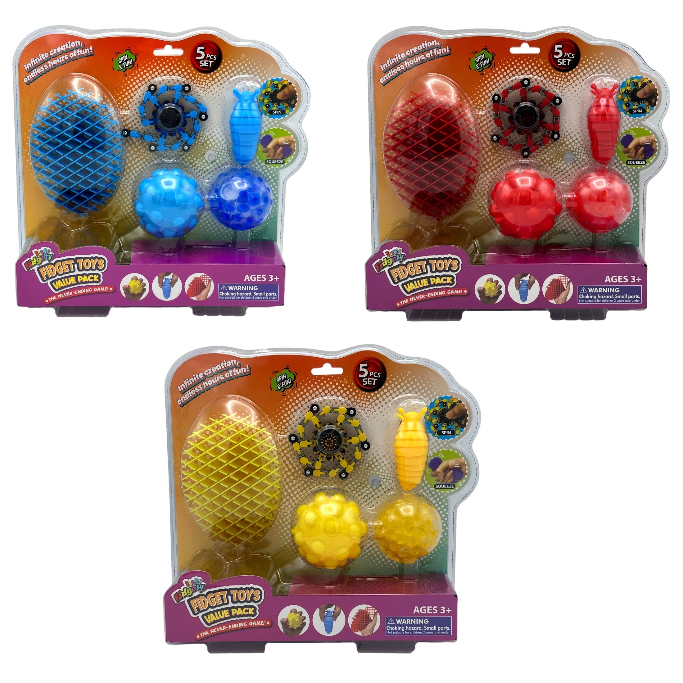 Three packages of "Fidgety Fidget Toys Value Pack," each in a different color: blue, red, and yellow. The sets contain various fidget toys, including a spiky egg, a spinner, a textured toy, and two connected balls. They are packaged with a warning label due to small parts posing a choking hazard for children under 3.