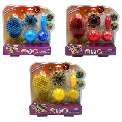 Three packages of "Fidgety Fidget Toys Value Pack," each in a different color: blue, red, and yellow. The sets contain various fidget toys, including a spiky egg, a spinner, a textured toy, and two connected balls. They are packaged with a warning label due to small parts posing a choking hazard for children under 3.