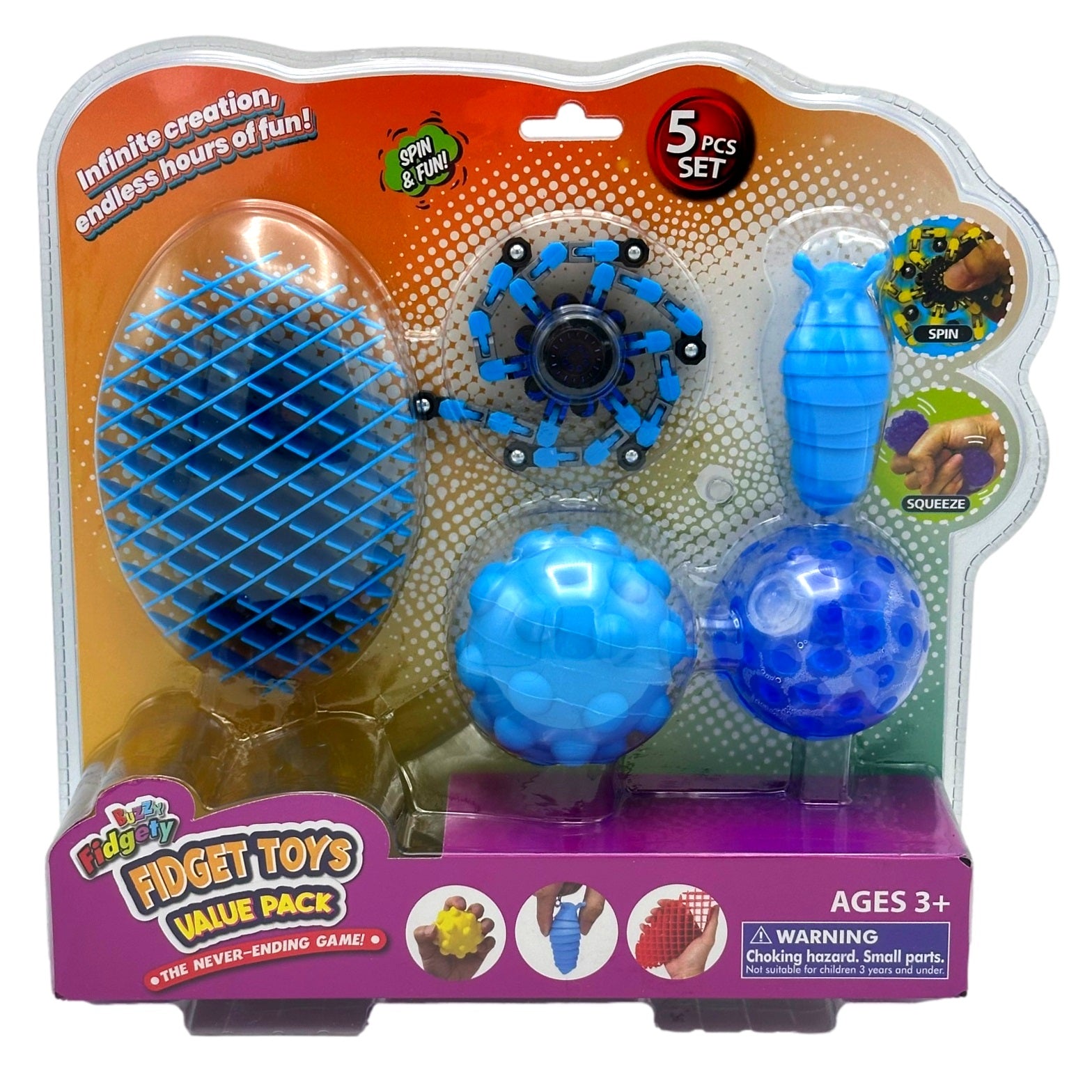 A package of five blue fidget toys.