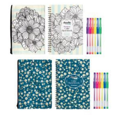 Two notebooks with floral patterns, two notebooks with blue floral patterns, and two sets of colorful gel pens.
