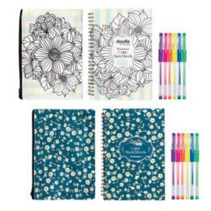 Two notebooks with floral patterns, two notebooks with blue floral patterns, and two sets of colorful gel pens.