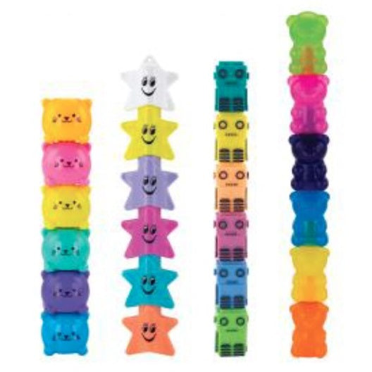 Four stacks of plastic toys. Each stack is made of different shapes, including teddy bears, stars, and robots. The toys are brightly colored.