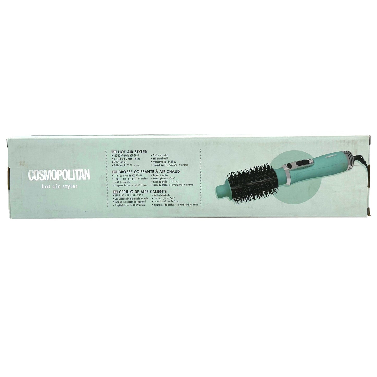 Product box of a turquoise hot air styler.