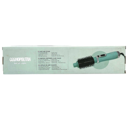 Product box of a turquoise hot air styler.