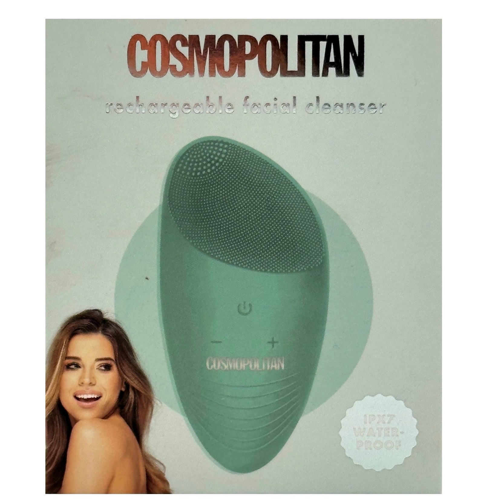 Cosmopolitan rechargeable facial cleanser product with woman.