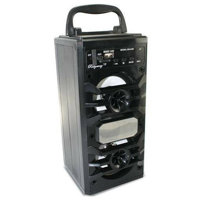 Black portable speaker with handle.