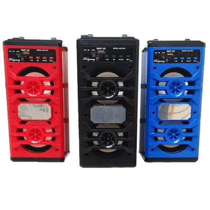 Three portable speakers in red, black, and blue on a white background