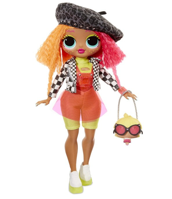 A fashion doll with long orange and pink hair, wearing a black leopard-print beret, a black-and-white checkered jacket over a yellow top, orange shorts, and white sneakers. The doll is holding a small yellow and pink purse with pink sunglasses, set against a plain white background.