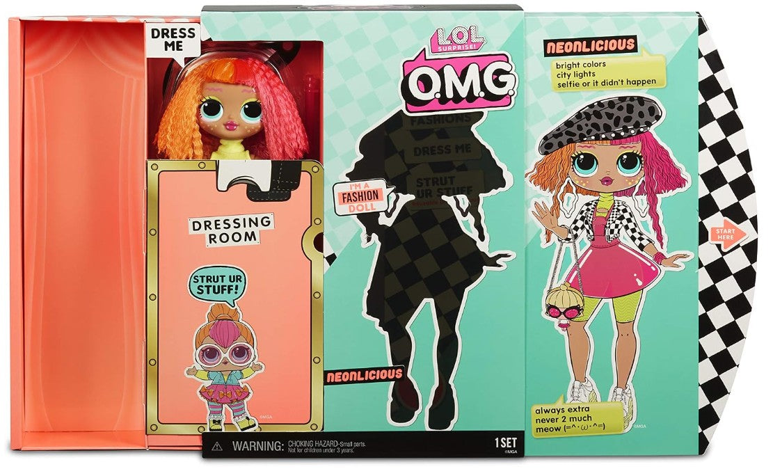 LOL OMG 'Neonlicious' doll set in its original packaging, featuring a doll with neon pink hair, a dress-up room accessory, and a black-and-white checkered hat and skirt.
