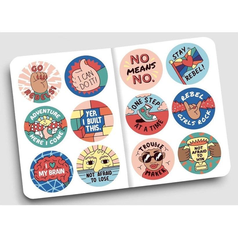 Sticker sheet with empowering slogans and illustrations.