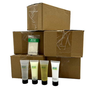 Stacked cardboard boxes with travel-sized toiletries.