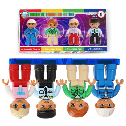 Four magnetic toy figures. Each figure has articulated arms, head, and bendable legs. The figures include a construction worker, zookeeper, a girl, and a police officer.