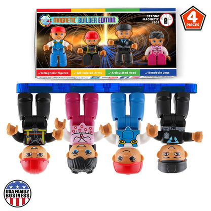 Toy construction figures of a builder, construction worker, police officer, and girl, with magnetic features.