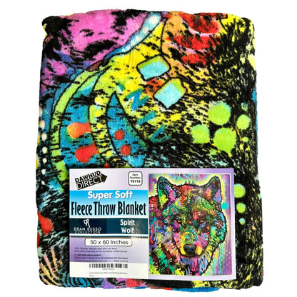 Folded, colorful fleece throw blanket with wolf image.