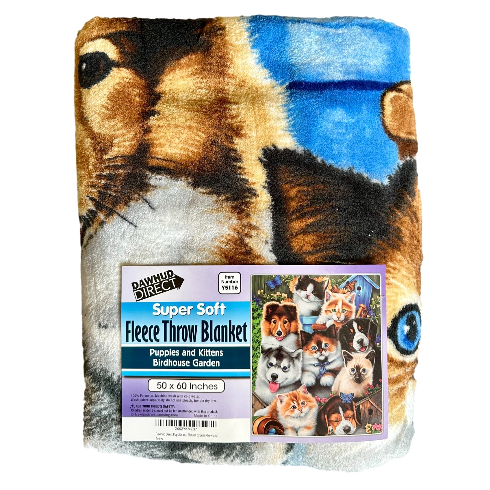 Fleece throw blanket with puppies and kittens design.