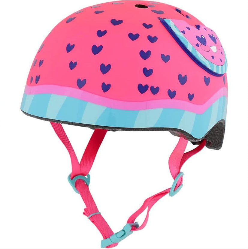 Pink helmet with heart patterns and blue accents on a white background