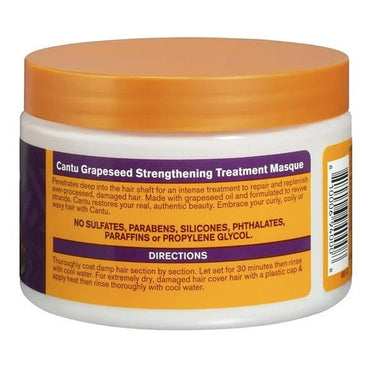 Close-up of a jar of Cantu Grapeseed Strengthening Treatment Masque.