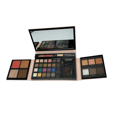 Open makeup palette with a mirror, eyeshadows, blush, bronzer, highlighter, concealers, brow wax, and brow powder.