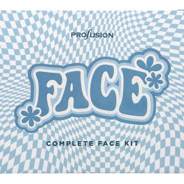 Close-up of a blue and white package of "Profusion Complete Face Kit" with a wavy checkered background.