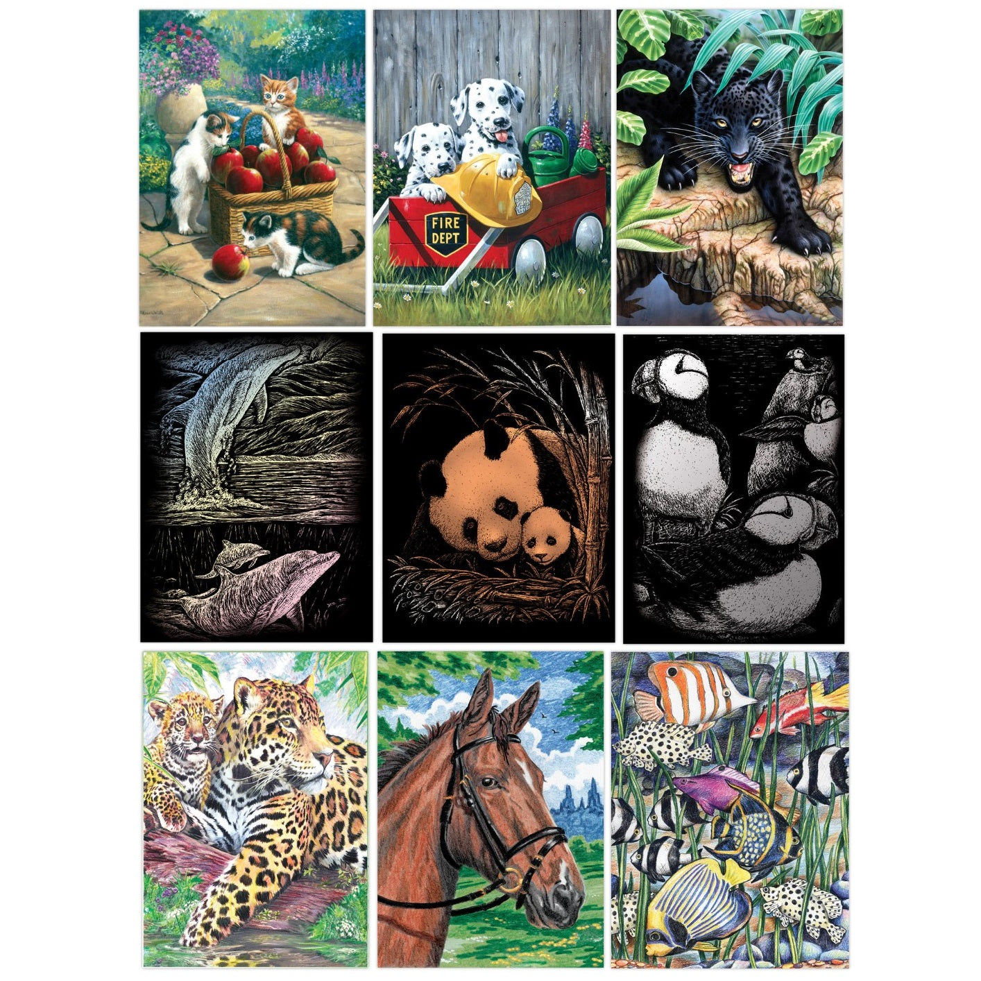 A collection of nine animal-themed images: cats with apples, Dalmatians in a wagon, a black panther, dolphins, pandas, puffins, jaguars, a horse, and tropical fish.