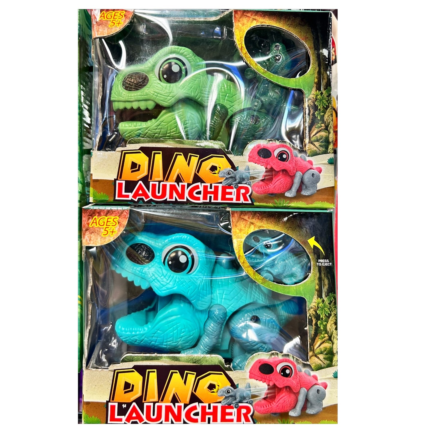 Two toy sets of Dino Launcher, one green and one blue, each with a smaller pink dinosaur.