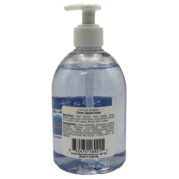 Bottle of clear liquid soap with pump.
