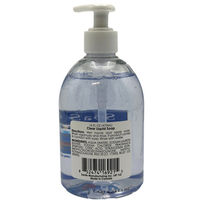Bottle of clear liquid soap with pump.
