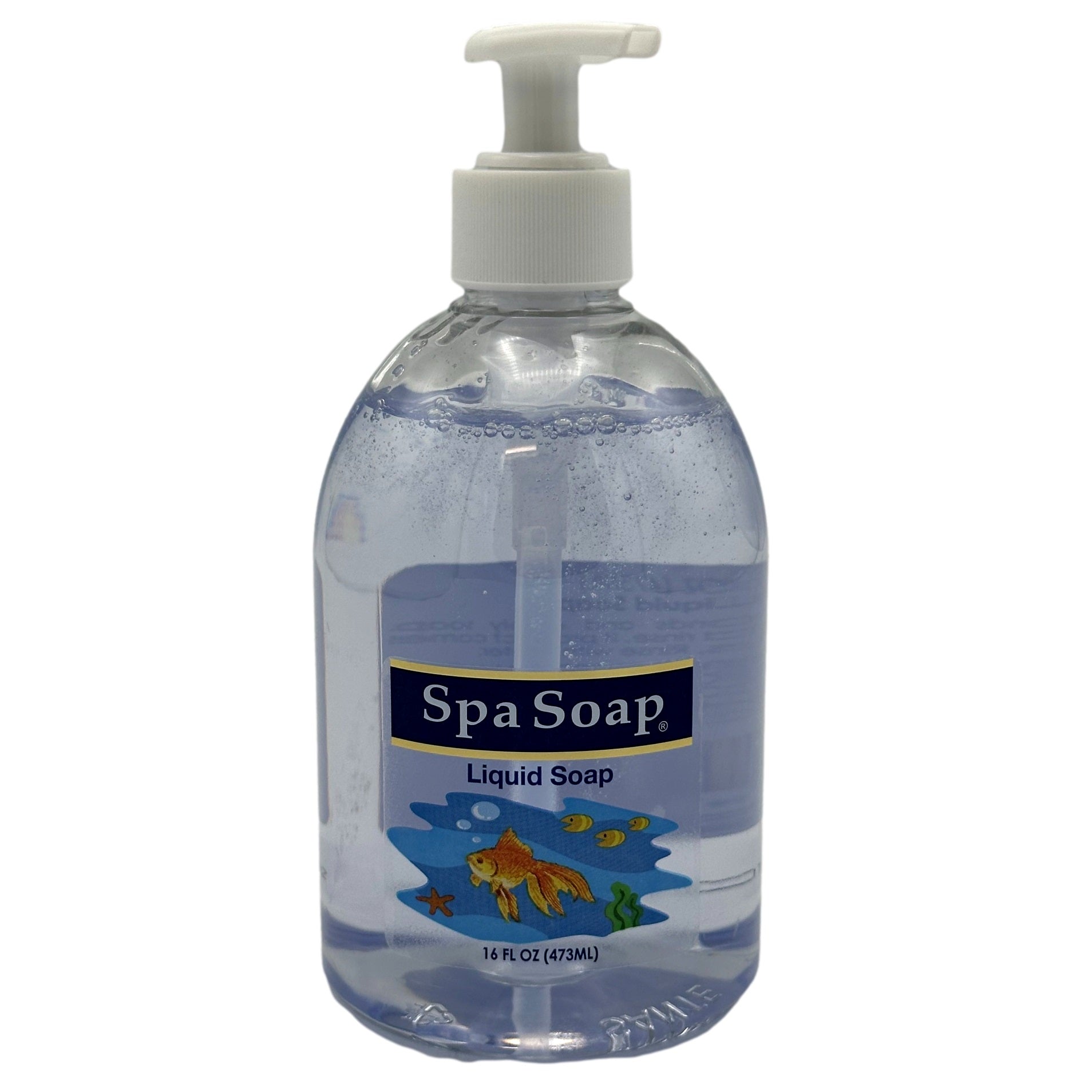 Clear bottle of Spa Soap liquid soap with a pump.
