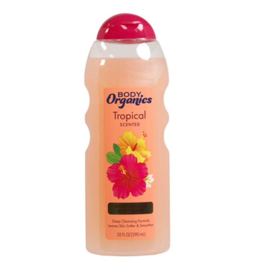 Bottle of Body Organics Tropical Scented Body Wash with hibiscus flower label.