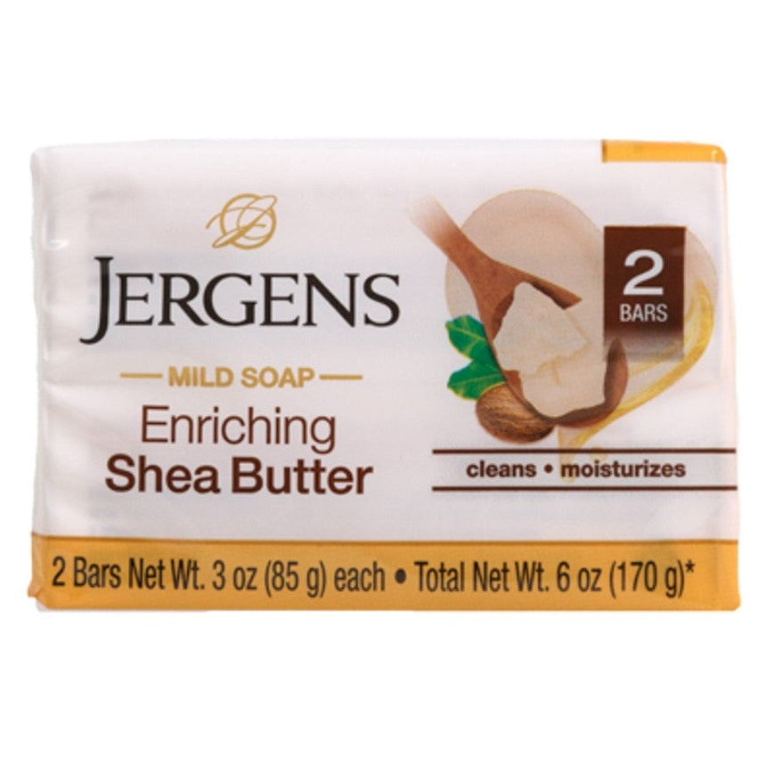 Wrapped package of Jergens Shea Butter Mild Soap with 2 bars.
