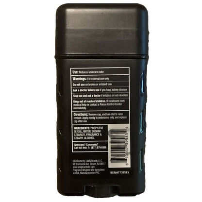 Black deodorant stick with product information.