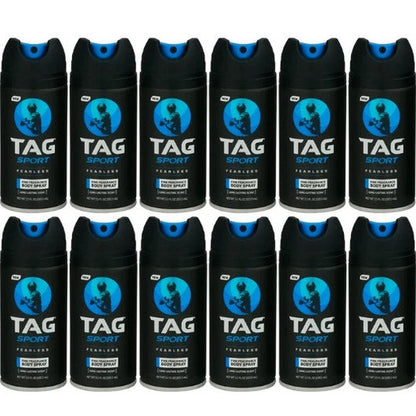 A group of black and blue TAG Sport Body Spray cans arranged in two rows.