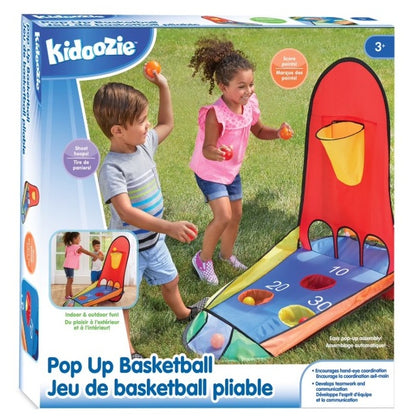 Kidoozie Pop Up Basketball toy set packaging with children playing outdoors.