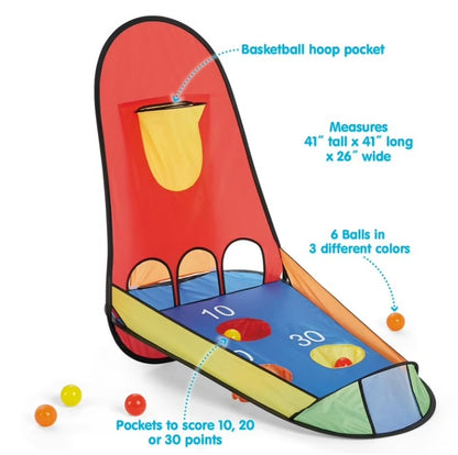 Colorful basketball hoop toy with dimensions and ball information on a white background