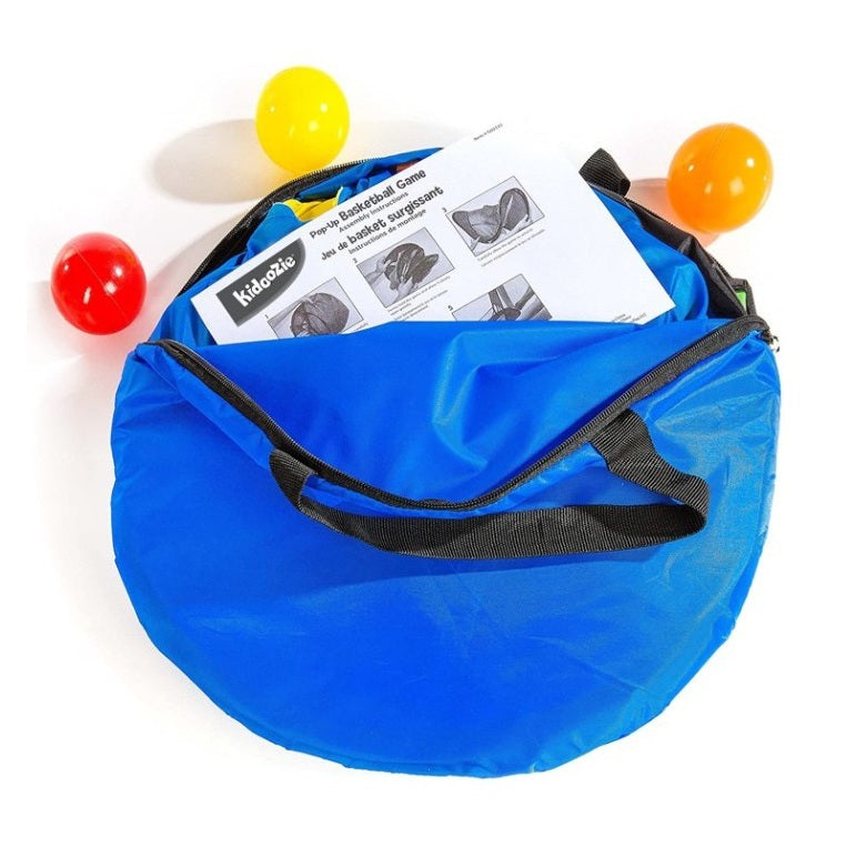 Blue bag with black handle containing a Kidooze product manual, surrounded by colorful balls on a white background.