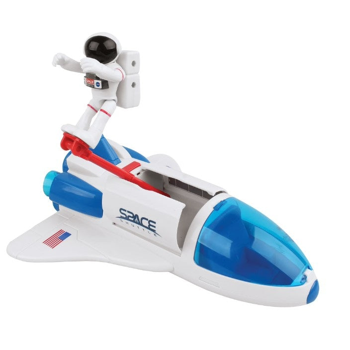Toy space shuttle with astronaut figure on a white background