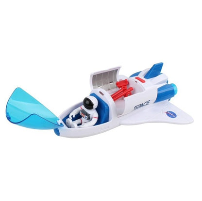 Toy space shuttle with an astronaut figure on a white background