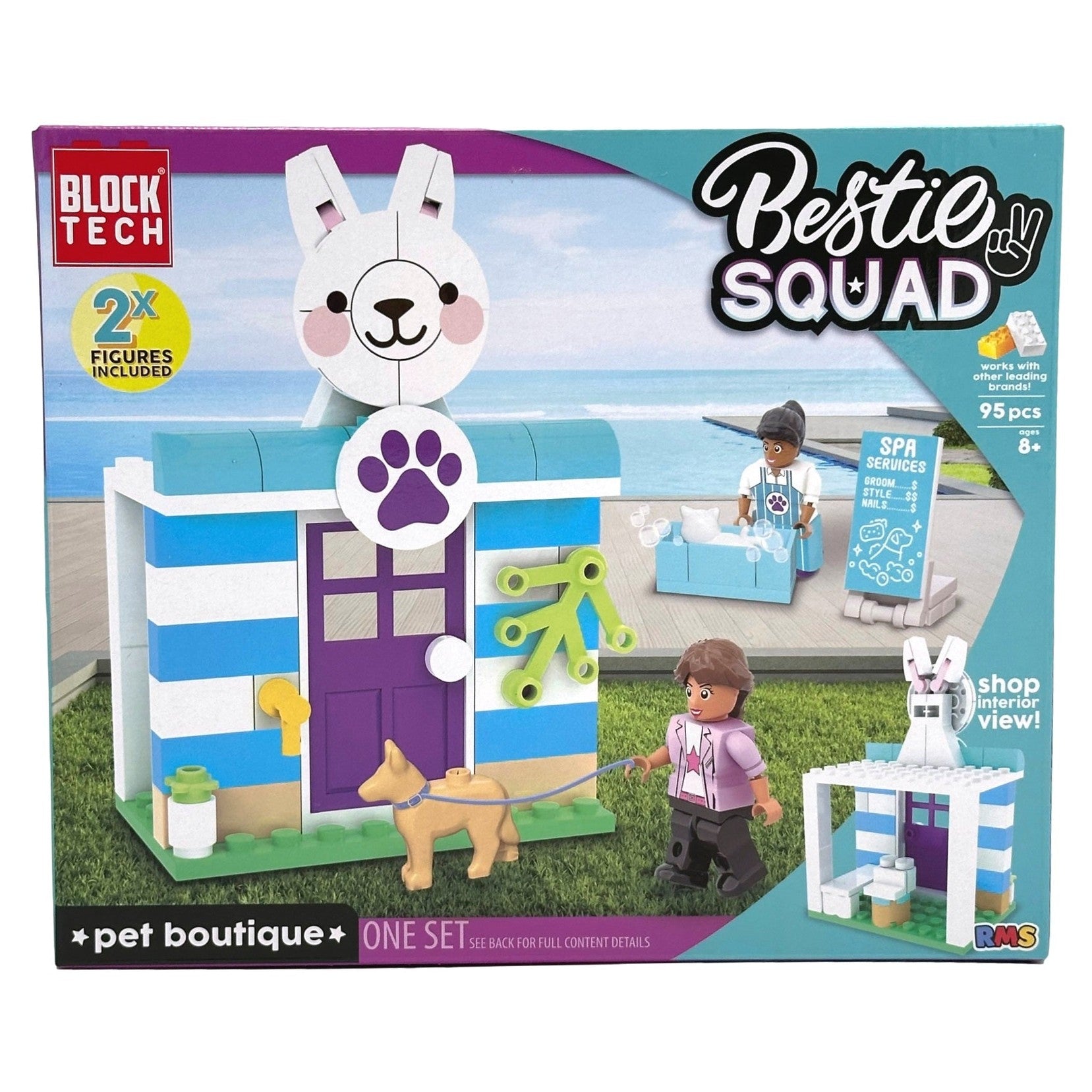 Boxed "Block Tech Bestie Squad" pet boutique brick-building set, with two included figures and a dog, and a brick-built bunny statue above the shop.