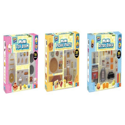 Three boxes of "Mini Toaty Toys" playsets: "Tea Room," "Picnic Party," and "Retro Diner."
