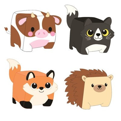 Cute cartoon animals with square bodies.