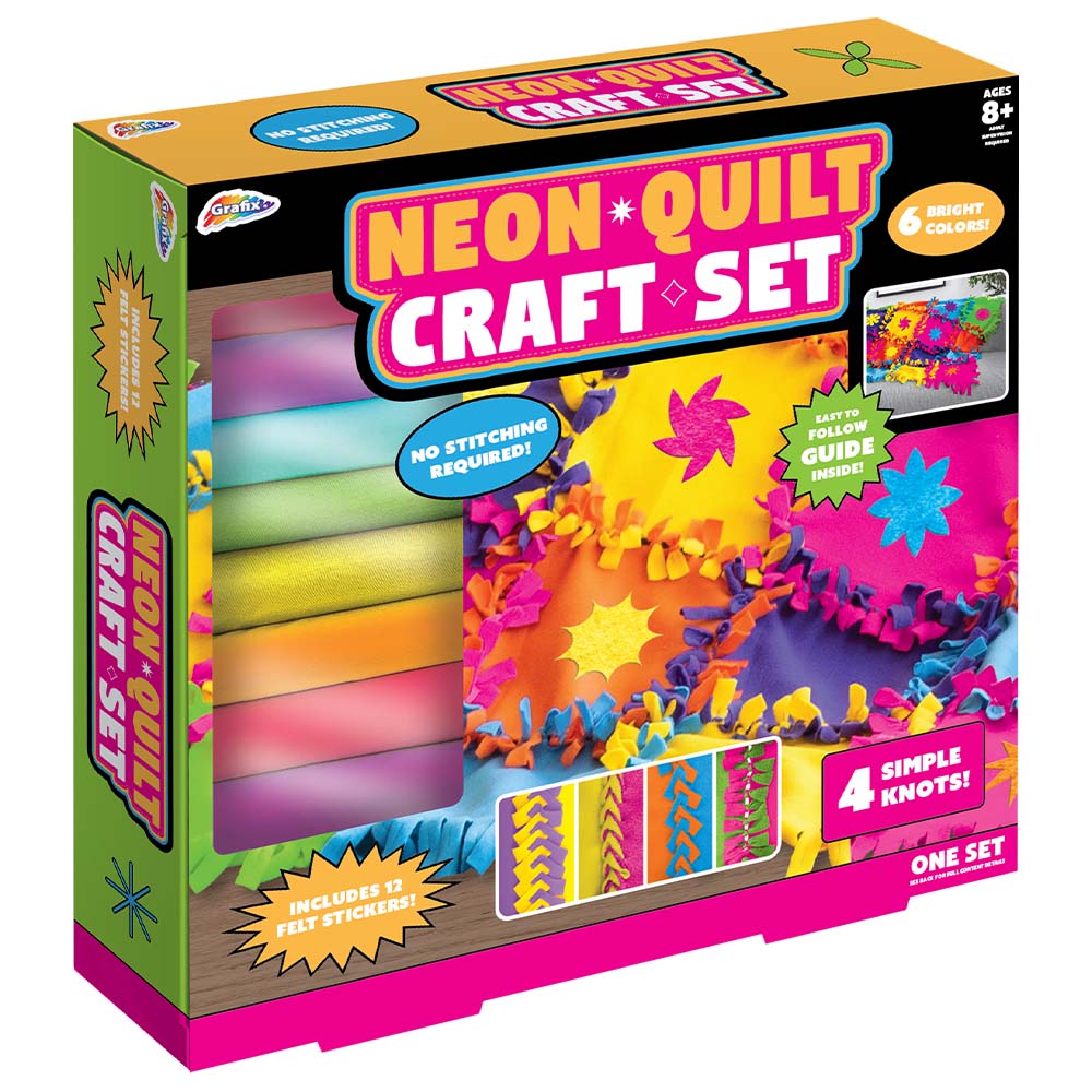 Craft set box featuring neon quilt supplies.