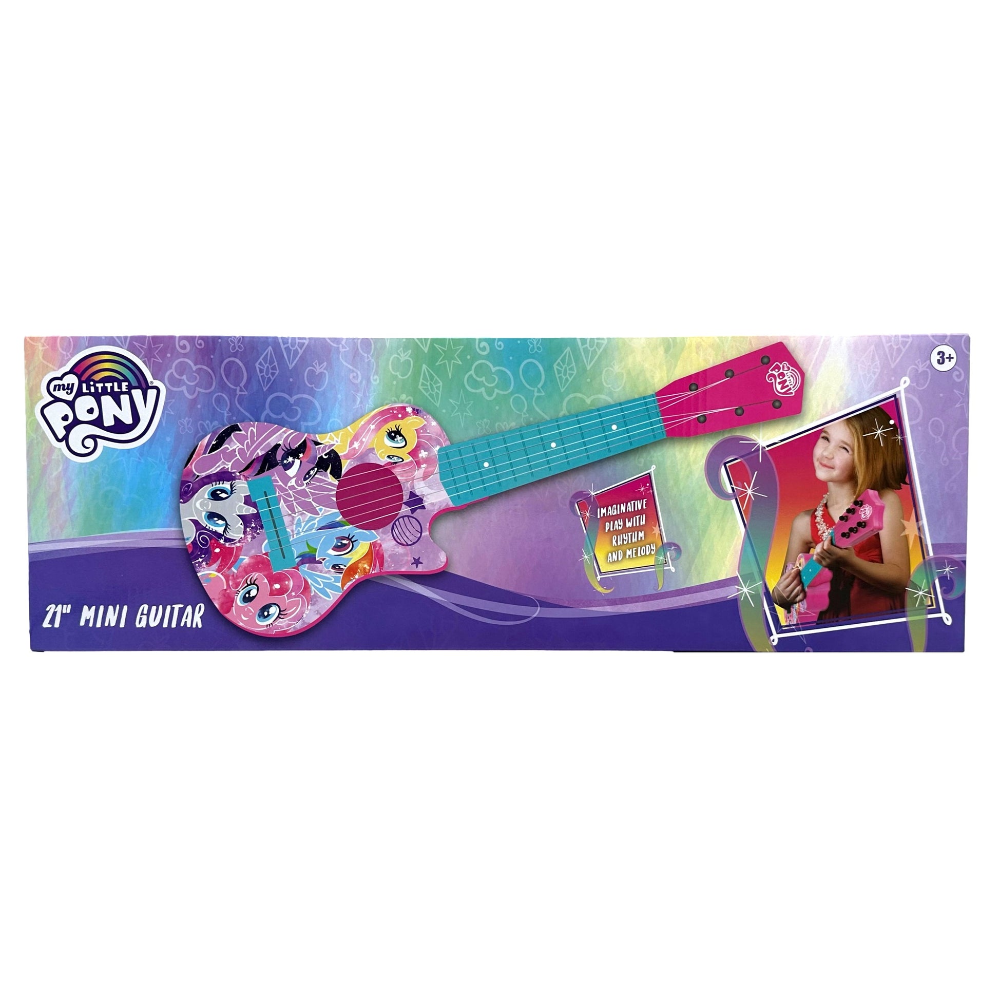 A My Little Pony-themed 21-inch mini guitar in its packaging, featuring a colorful design with images of the ponies, alongside a photo of a young girl playing with the guitar.