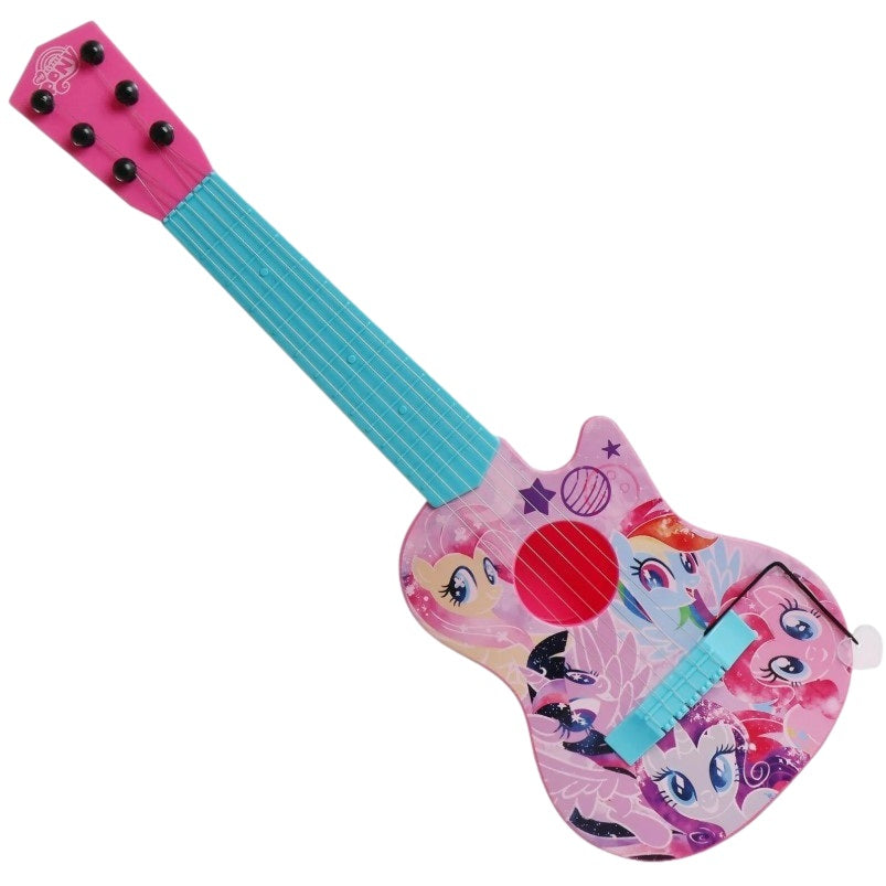 Pink My Little Pony toy guitar with a blue neck.