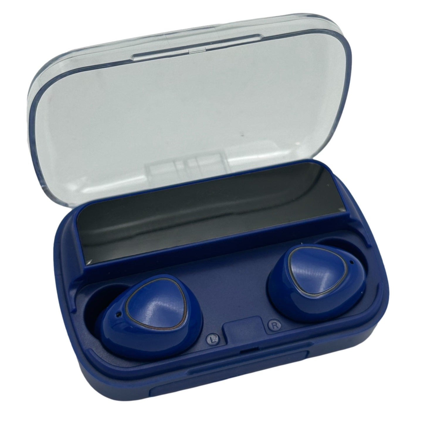 Blue wireless earbuds in open charging case.
