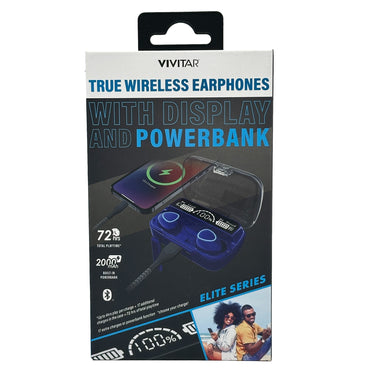 Product packaging for Vivitar true wireless earphones, featuring a blue charging case, a phone charging, and a couple enjoying a beach day.