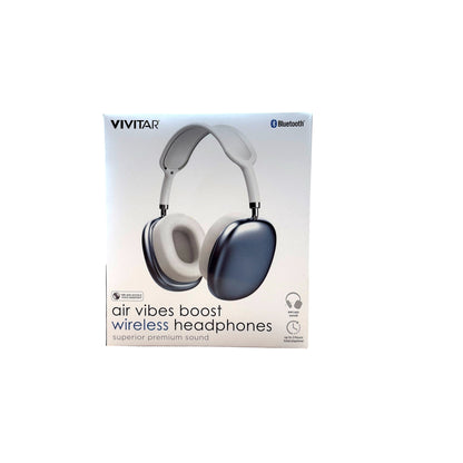 Headphones box with Vivitar logo, Bluetooth symbol, and image of gray and blue headphones.
