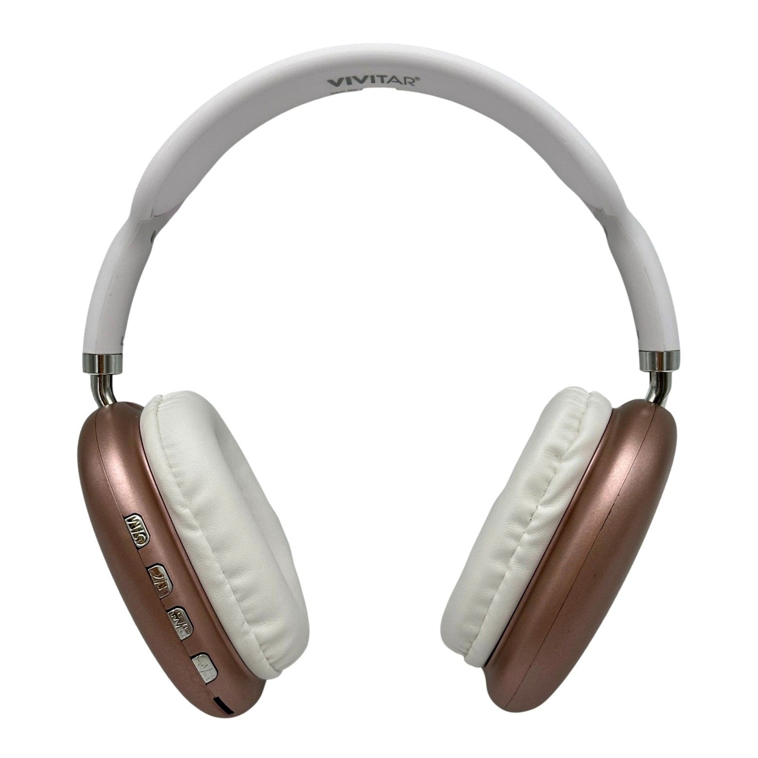 Rose gold and white Vivitar headphones.