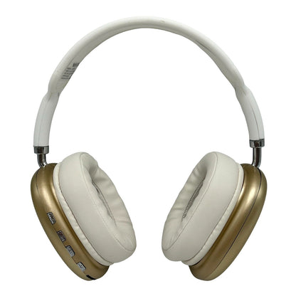 White and gold over-ear headphones.