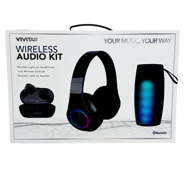 Boxed Vivitar wireless audio kit with light-up headphones, earbuds, and speaker.