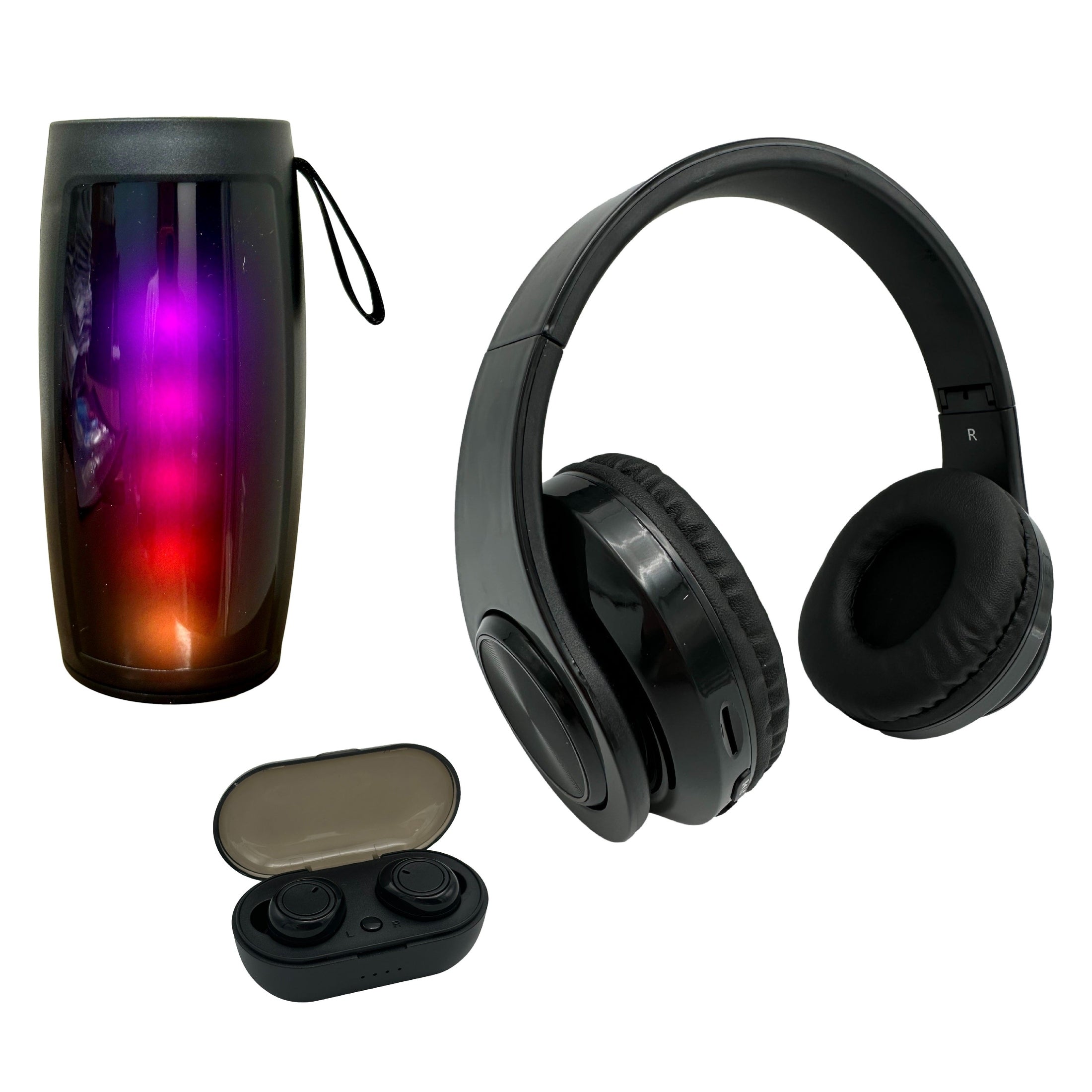 A speaker with colorful lights, wireless earbuds in a case, and a pair of over-ear headphones, all in black.